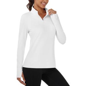 MAGCOMSEN Quarter Zip Pullover Women Fleece Shirt Thermal Long Sleeve Athletic Running Tops Thumb Hole (Small, White)