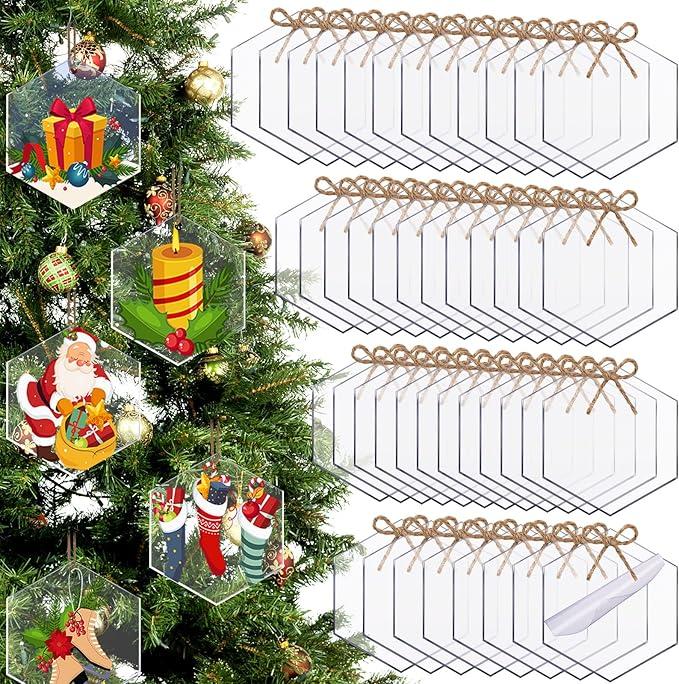 Jetec 48 Pcs 3 Inch Acrylic Ornament Blanks Clear Acrylic for DIY Christmas Ornament and Crafts Christmas Tree Decoration Hanging Tags with Hole for Xmas Tree Decor and Keychains(Hexagon Style)