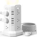 Surge Protector Power Strip Tower with 5 USB Ports and Night Light, 10FT Extension Cord with 12 AC Multiple Outlets, PASSUS Power Tower, Overload Protection for Home Office Dorm Room (White)