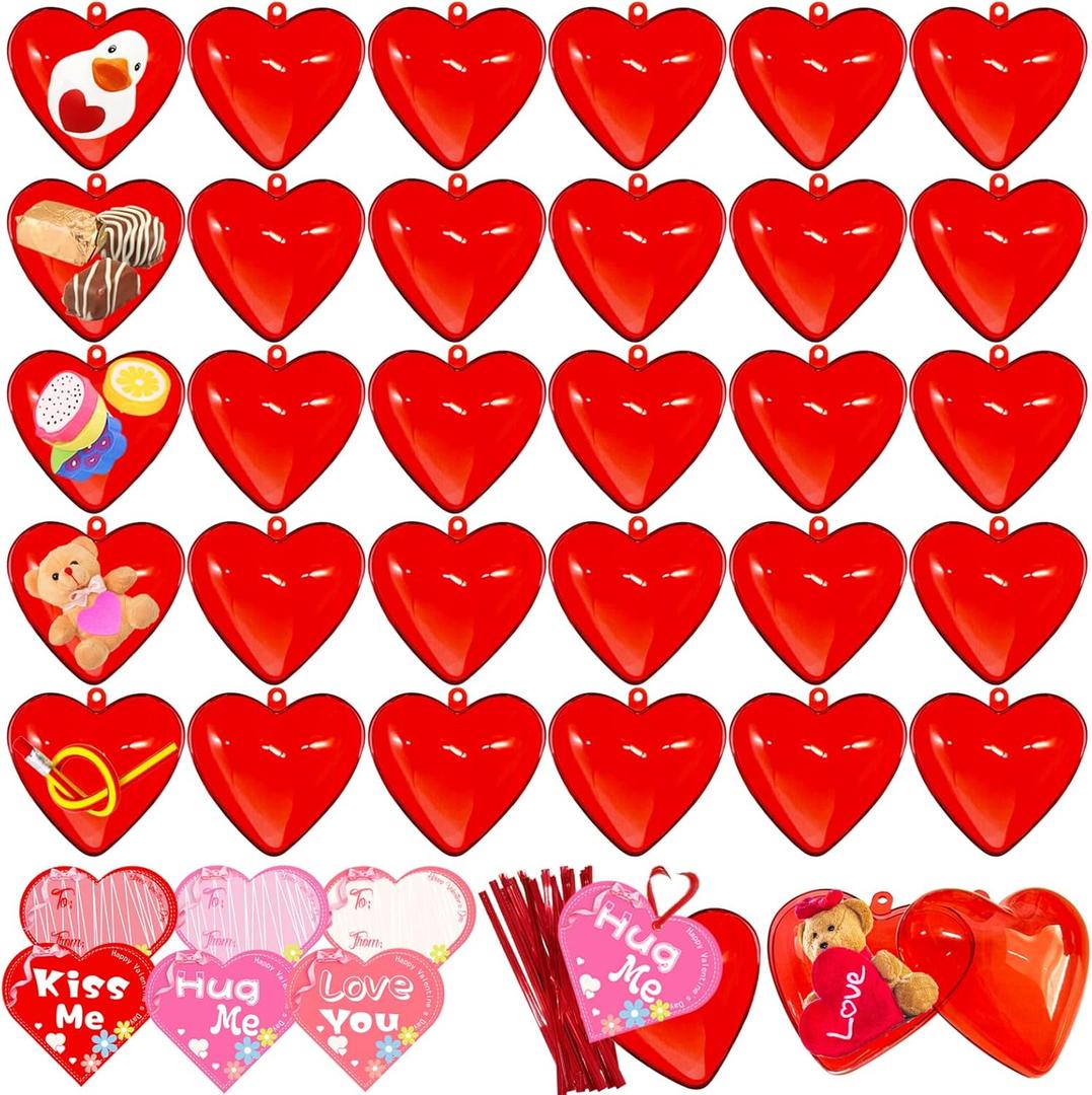 30 Pack Valentine Hearts Plastic Filled Candy Box with Cards Wires Sets,2.6 Inch Red Heart Shaped Fillable Hanging Ornament Container for Valentine Party Favor,Birthday,Wedding Supplies (Red)