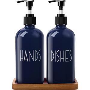 Navy Blue Dish Soap Dispenser for Kitchen - 16 OZ Hand Soap Dispenser Set with Acacia Wood Tray - Blue Kitchen Bathroom Home Decor and Accessories