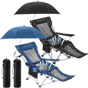 Yuntau 2 Set Reclining Beach Chair and Umbrella for Adults, Outdoor Camping Foldable Sand Chairs with Umbrella, SPF 50+, High Back, with Foot Rest, Cup Holder and Mesh Bag