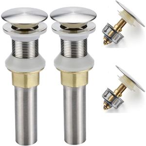 Rockgoya Bathroom Sink Drain, 2 Pack Drain Stopper Bathroom Sink Without Overflow, Pop Up Drain Assembly with Detachable Strainer Basket, Built-in Anti-Clogging Strainer, Stainless Steel Brushed Nickel