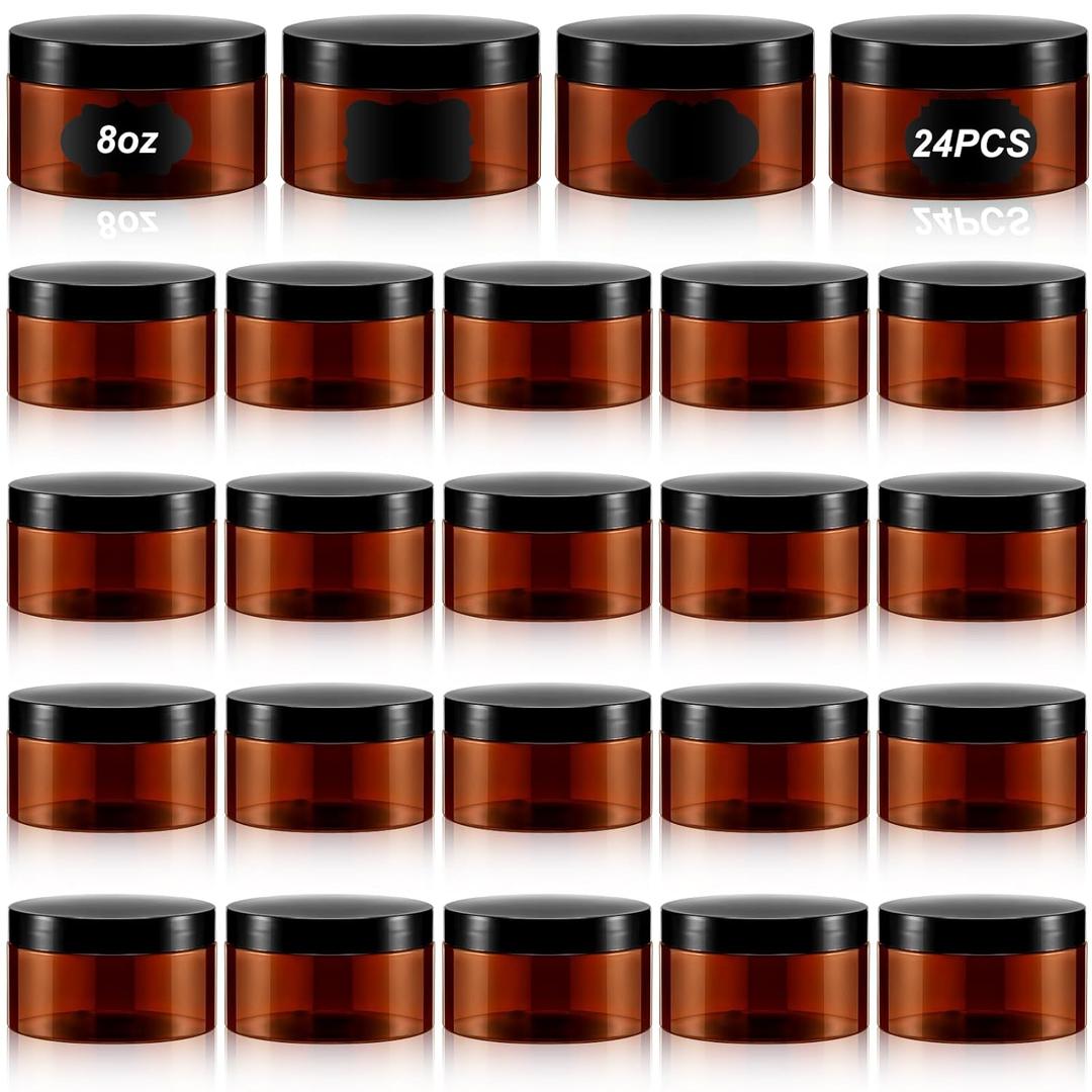 Dandat 24 Pcs 8 oz Plastic Jar Container with Lid and Label Refillable Empty Round Amber PET Cosmetic Sample Slime Containers for Lotion, Cream, Ointments, Body Butter, Makeup, Travel Storage