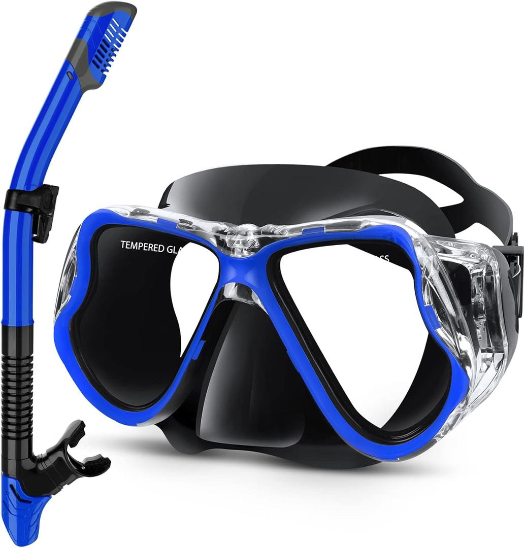 Greatever Dry Snorkel Set,Panoramic Wide View Anti-Fog Scuba Diving Mask,Professional Snorkeling Gear for Adults Kids (Large, Black Blue)