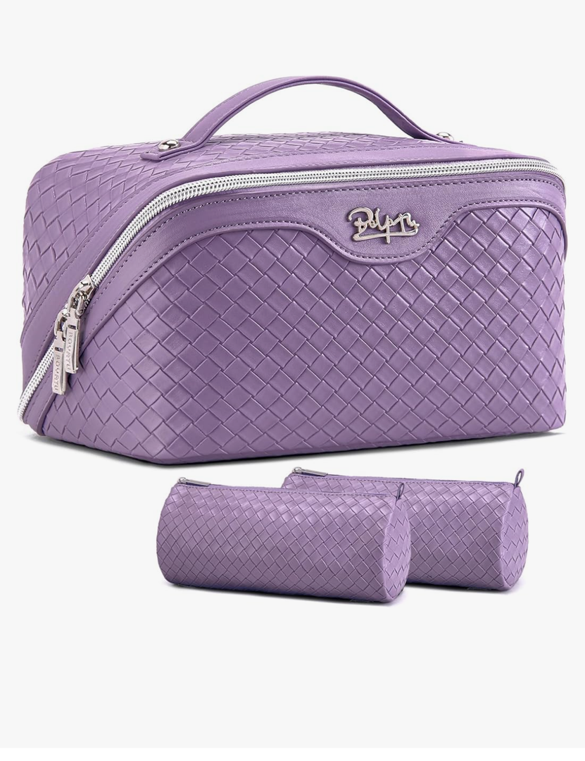 BOYATU Travel Makeup Bag Cosmetic Bags for Women: Large Capacity 3 Pcs Set Make up Bag with Compartments - Waterproof Vegan Leather Toiletry Organizer Bags with Handle (L01 Purple)