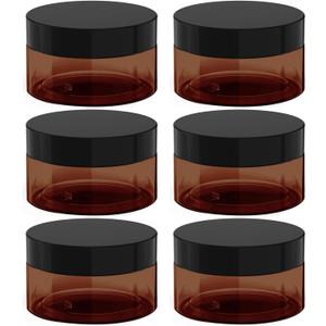 8 oz Amber Plastic Cosmetic Jars Leak Proof Container with Black Lid for Cream, Lotion, Powder, ointment, Beauty Products etc, 6 Pcs.