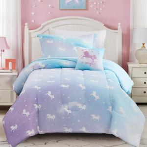 Wink Deer Twin Comforter Set for Girls-3 Pieces Unicorn Glow in the Dark Twin Bedding Sets for Kids,1 Comforter,1 Sham and 1 Decor Pillow