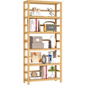 VASMIA 6-Tier Bamboo Shelf,Bamboo Storage Shelving Unit,Tall Bookcase with Adjustable Shelves,Multipurpose Storage Display Shelf for Bathroom, Living Room, Balcony, Kitchen,Natural