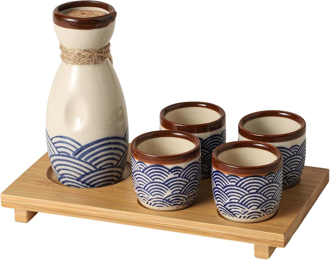 Ceramic Sake Set 5pcs Japanese Traditional Sake Set with 1 Sake Pot 4 Sake Cups Japanese Saki Cup Tokkuri Bottle Ochoko Carafe Soju Home Decoration Gift with Serving Bamboo Tray Wavy Pattern