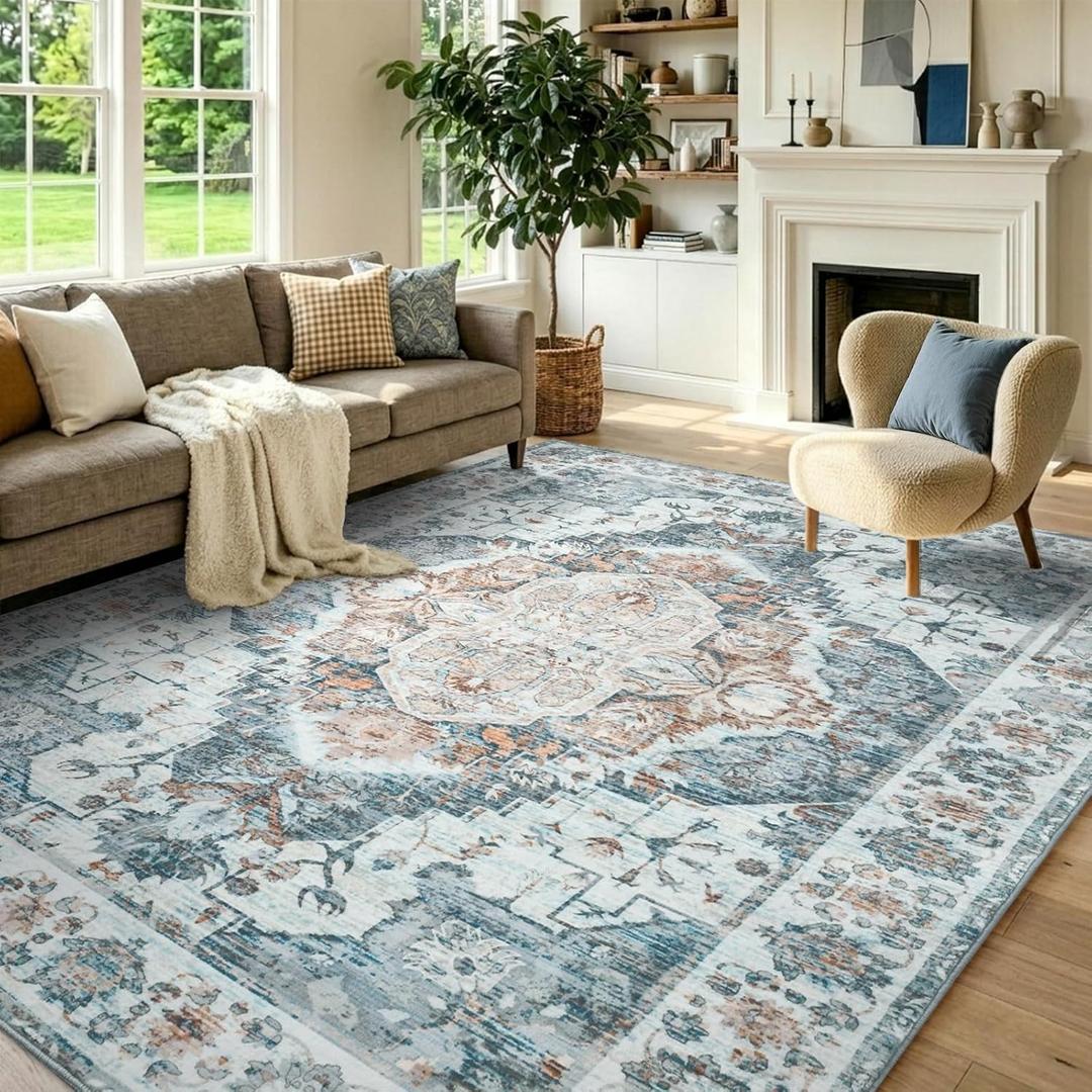 Area Rugs 5x8 Washable, Indoor Low-Pile Vintage Printed Rug for Living Room Bedroom, Ultra Soft Foldable Stain Resistant Non Slip Carpet for Dining Room Nursery Home Decor, Light Blue