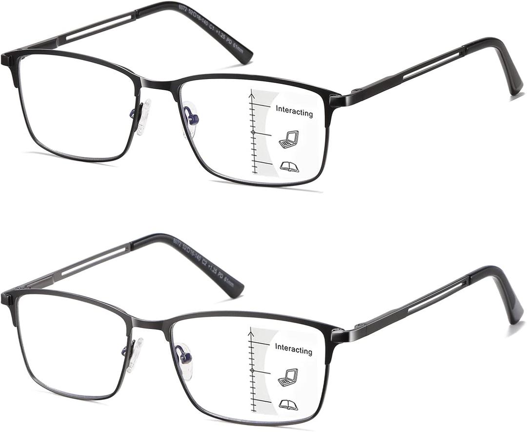 Progressive Multifocus Reading Glasses Men No Line Multifocal Transition Blue Light Readers Metal Wide Frame Eyeglasses (Multifocal ( Black + Gun ))
