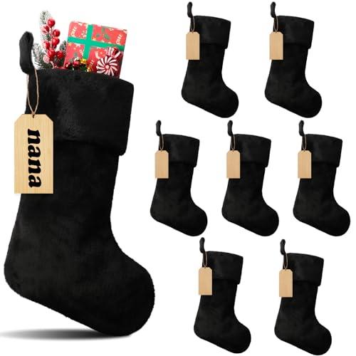 8 Set 18 Inch Black Christmas Stocking Personalized Name Tags Thick Plush Fabric Hanging Stockings Unfinished Wood Tags for Xmas Holiday Party Tree Fireplace (Black)