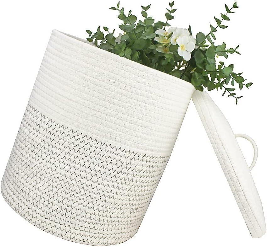 Yimi's Dream Woven Basket with Lid, Decorative Rope Storage Baskets for Organizing, medium Baskets for Baby, Kids, Toys, Blanket, Woven Baskets for Storage (White & Blacksuture, 12D x 13.5H inch)