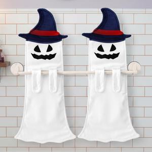 2 Pcs Halloween Cute Ghost Hand Towels for Bathroom Funny Ghost Hanging Washcloth Face Towel Cotton Embroidered Super Absorbent for Kitchen Bath Halloween Decoration (Scary Pumpkin Face)