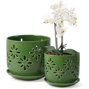 EFISPSS Orchid Pots with Holes,5+6 Inch Ceramic Plant Pots with Drainage Holes and Tray,Enhanced Drainage and Ventilation,Flower Pots for Indoor/Outdoor Plants for Repotting - Green 
