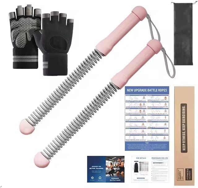 Cordless Battle Ropes (2 PCS) Portable Weighted Ropeless Battle Rope Sticks with Hand Gloves for HIIT Workout, Home Gym Strength & Cardio Training (Pink)