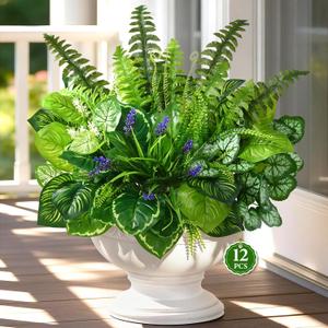 Livole 12 Pcs Artificial Plants Outdoor Faux Plants Fake Greenery Stems with Boston Fern Lavender Morning Glory UV Resistant Artificial Flowers for Outdoors Porch Patio Garden Spring Summer Home Decor