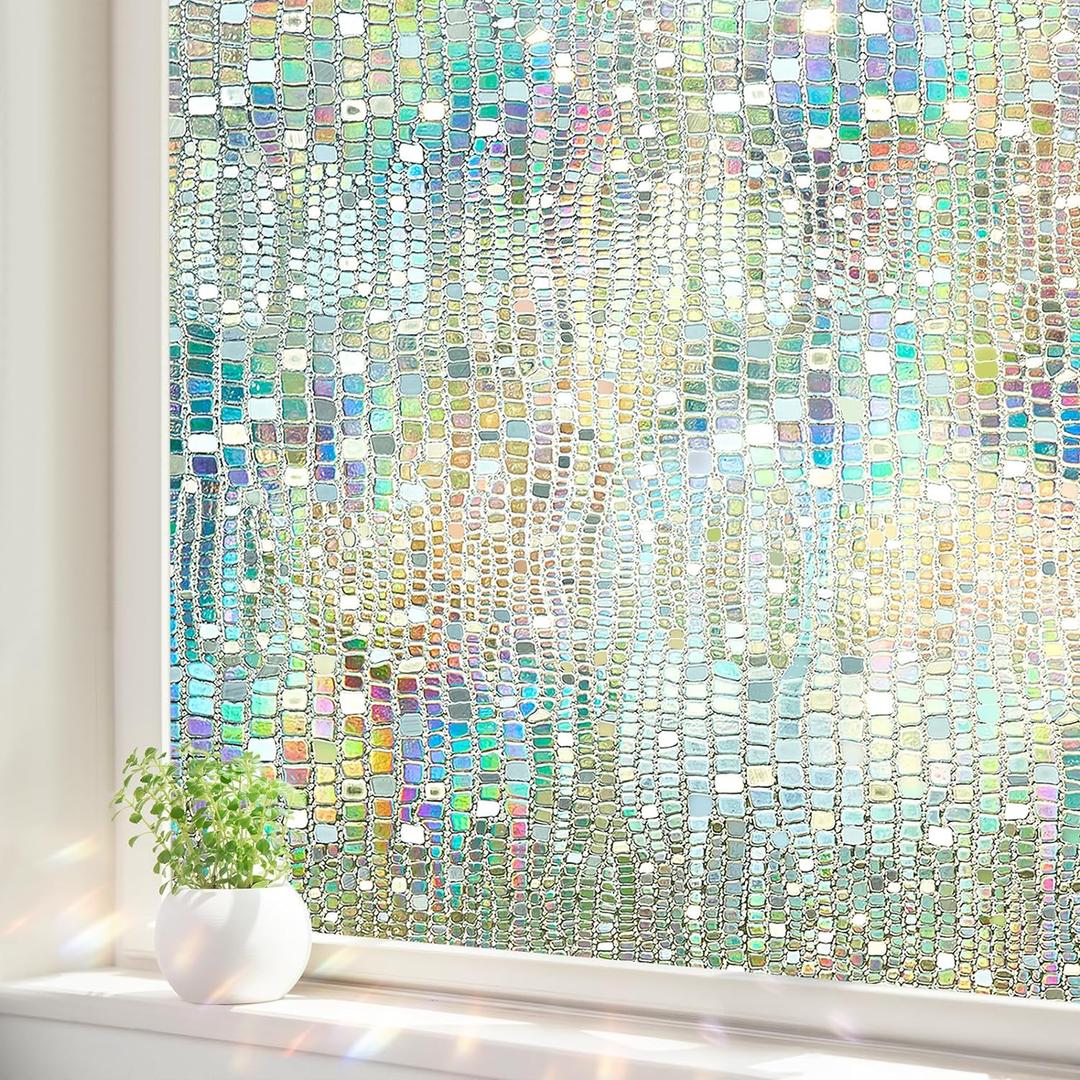 Window Privacy Film, Stained Glass Window Films 3D Rainbow Decorative Static Cling Iridescent Window Tint Heat Blocking Decals Covering for Home Door Vinyl 23.6" x 78.7"