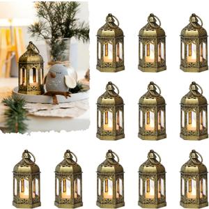 Mini Moroccan Lanterns with Flicker LED Candles Set of 12, Gold Vintage Decorative Hanging Lanterns for Ramadan, Christmas, Halloween, Wedding, Party, Table Centerpiece, ABS Plastic and Glass