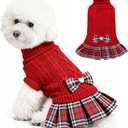 WOYYHO Girl Dog Sweater Dress with Bowtie Turtleneck Small Dogs Sweater with Leash Hole, Knitted Small Dog Sweaters Dress Puppy Winter Clothes for Yorkies Chihuahua (Medium, Red) (Medium (9-15 Lbs))