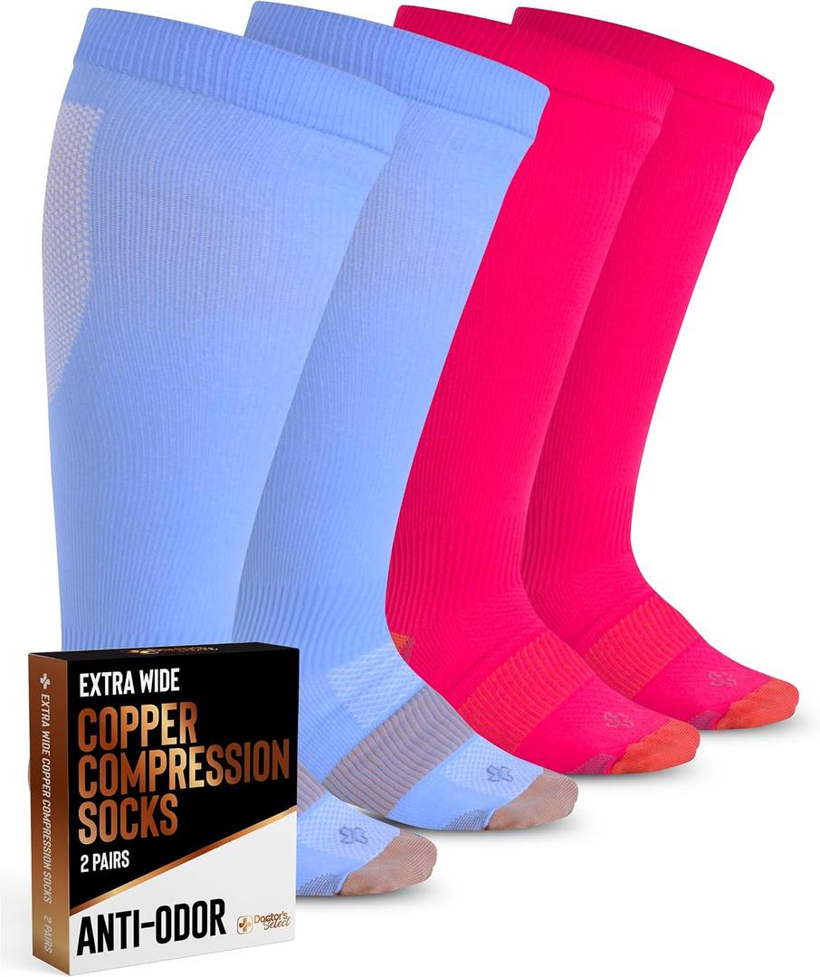 Doctor's Select Copper Plus Size Compression Socks Wide Calf - 2 Pairs | 20-30mmHg Extra Wide Calf Compression Sock Women | Extra Wide Calf Compression Sock for Traveling & Running | Copper Compression Socks Women & Men | Blue & Pink XL