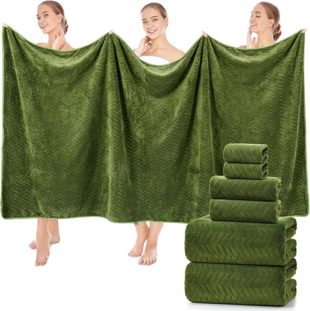 SmoothNovelty Set of 6 Extra Large Bath Towel 40 x 80 Inches Oversized Bath Sheet with 2 Shower Towels 2 Hand Towels 2 Washcloths for Adults Bathroom Spa Gym Quick Dry(Chevron Design,Olive Green)