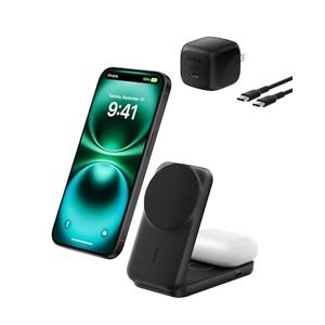 Belkin MagSafe Charger Compatible, 2-in-1 Charging Station, Qi2.2 25W Magnetic Wireless Charger Dock, Foldable Stand, with 5W USB-C Port, for iPhone 17/16/15, Pixel 10, AirPods (45W Adapter Included)