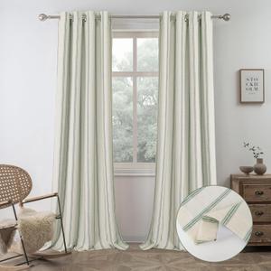 DriftAway Farmhouse Linen Blackout Curtains 96 Inches Long for Bedroom Striped Double Layer Thermal Insulated Sound Reducing Lined Grommet Rustic Drapes for Living Room 2 Panels W52 x L96 Loden Green
