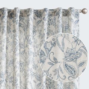 Vangao Blue Floral Linen Curtains for Living Room 96 Inches Long Farmhouse Curtains for Bedroom Vintage Print on Beige Light Filtering Window Drapes Grommet Top 2 Panels
