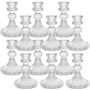 Candlestick Holders Set of 12-4" H Crystal Taper Candle Holders, Thick Glass Candle Stand with Diamond Pattern for Table, Wedding, Party, Church Decoration, Home Decor