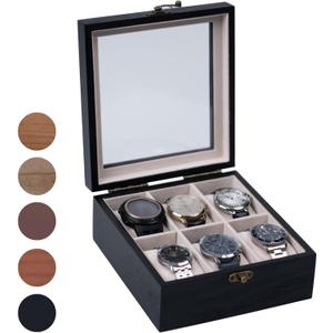 Watch Box, Watch Case for Men Women with Large Glass Lid, Wooden Watch Display Storage Box with 6 - Slots, Charcoal Black 6x2 Mens Watch Box Organizer