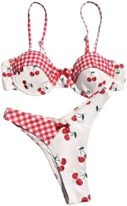 Milumia Women's 2 Piece Underwire Bikini Set Cherry Gingham Bow High Cut Push Up Swimsuit.  Size: S