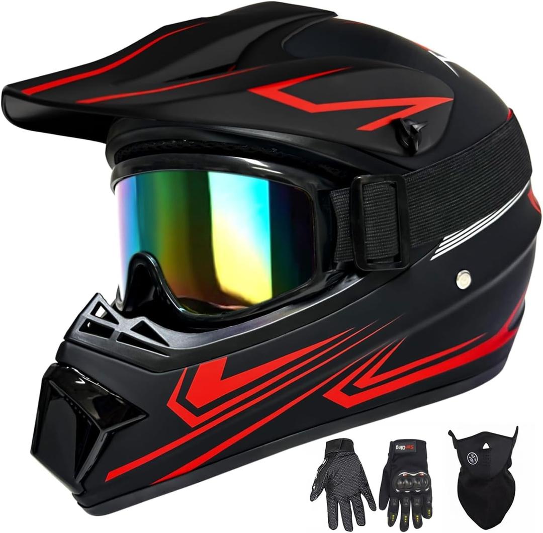 Youth Kids Motocross Helmet, Adult ATV Dirt Bike Helmet with Goggles Gloves & Mask Quick, Full Face Motorcycle Helmet with Quick Release Buckle DOT Certified (Large, Red)