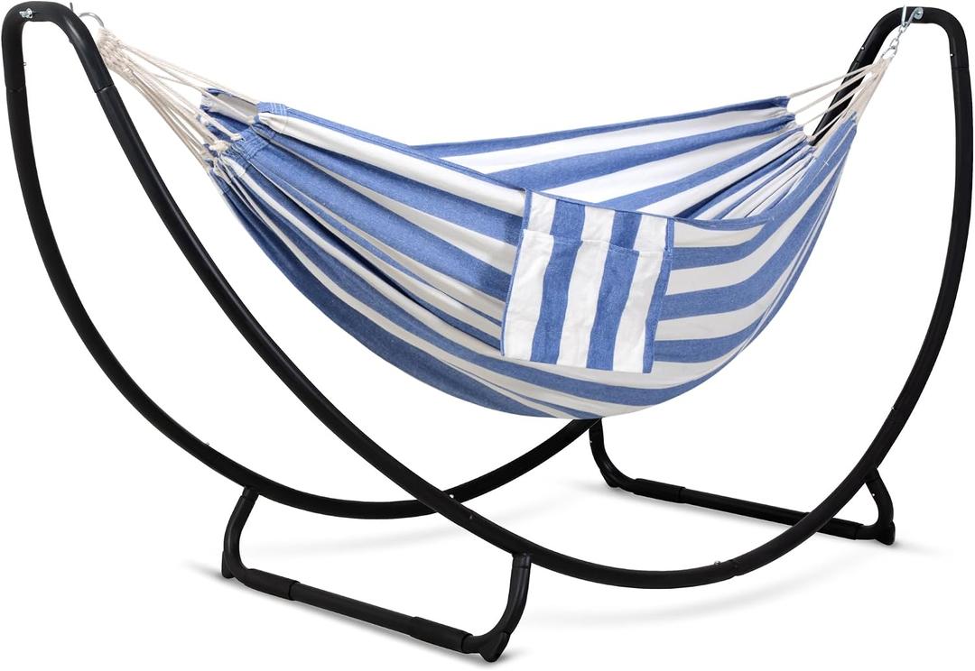 SUNCREAT Portable Large Hammock with Stand, Two Person Hammock with Stand Included, Patent Pending, Blue White
