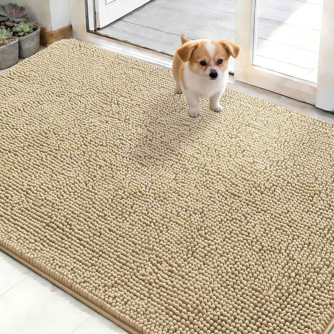 OLANLY Dog Door Mat for Muddy Paws 48x30, Absorbs Moisture and Dirt, Absorbent Non-Slip Washable Doormat, Quick Dry Chenille Mud Mat for Dogs, Entry Indoor Entryway Carpet for Inside Floor, Beige