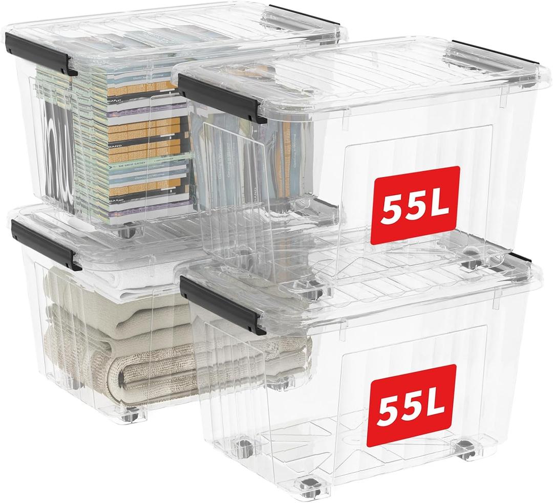 Cetomo 60Qt*4 Plastic Storage Bins, Storage Box, 4 Pack, Organizing Container with Wheels, Durable Lids and Secure Latching Buckles, Stackable and Nestable, Clear with Black Buckle
