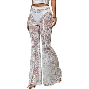 Verdusa Women's Sheer Lace High Waist Flared Leg Pants Bell Bottom Lightweight Summer Outfit (Large, White)