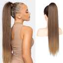 Flufymooz ponytail extension, 26 Inch Long Straight Drawstring Ponytail Synthetic Hairpieces Fake Pony Tails Natural Soft Clip in Hair Extension Pony Tail for Women (Chocolate Brown to Light Brown)
