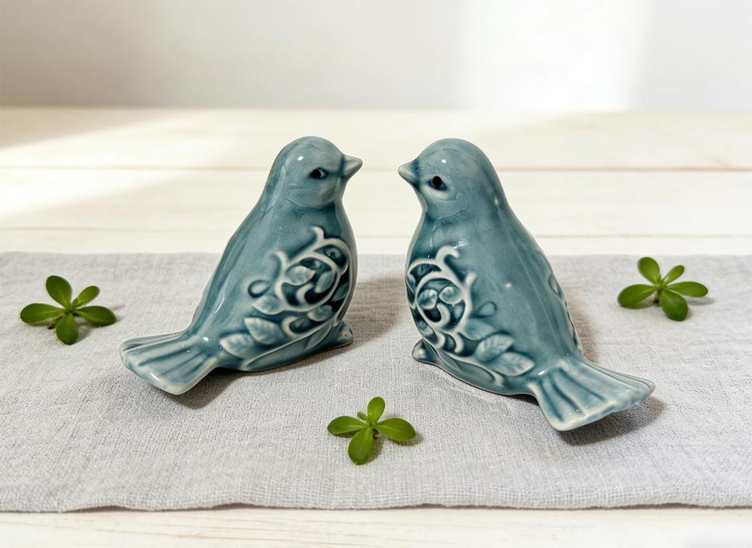 Pair of Ceramic Bird Figurines, Small Bird Statues Tea Coffee Pet Home Office Decor for Windows Shelves Entryway TV Stand (Blue)
