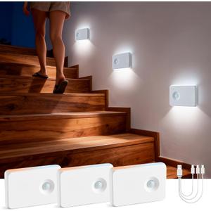 Powfloven Rechargeable Motion Sensor Stair Lights, 3 Pack Smart Wireless Led Battery Operated Night Lights, RGBW Stick On Stairway Lamp Indoor for Step, Cabinet, Hallway, Bathroom