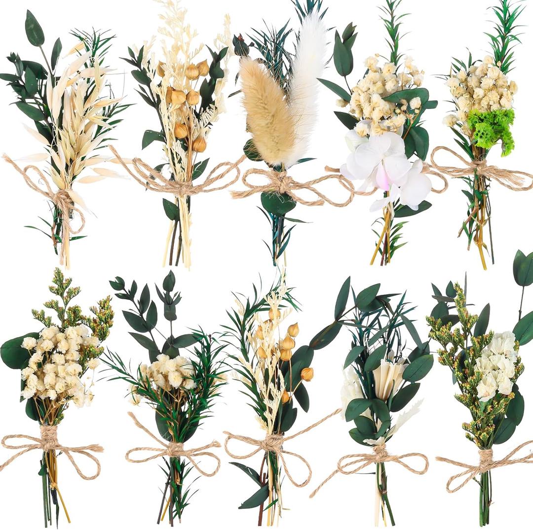 VAIPI 10 Pack Dried Flower Bouquets Green Series Natural Dried Plant with Stem Real Flower Bundles Artificial Eucalyptus for Vase, DIY, Farmhouse Decor,Wedding Crafts,Home Party Fake Plant Decor