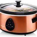 OVENTE Electric Slow Cooker with 3 Cooking Settings, Non-Stick and Dishwasher Safe Stoneware, Stainless Steel Body, Glass Lid, 3.7 Qt Oval Pot for Entrees, Soups, Sauces, Stews & Dips, Copper 