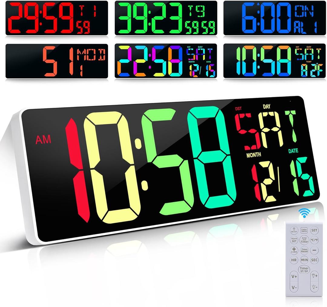 Large Digital Wall Clock Large Display 17.2" Big Digital Timer with 9 Groups Timer Remote Control for Gym Classroom 10 Colors for LED Wall Clock with Temperature Date Week DST Dynamic RGB