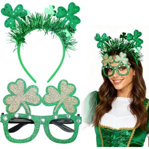 St. Patricks Day Decorations, 2 Pack Glitter Shamrock Headband & No Lens Eyeglasses Set for Saint Patricks Day Party Favors, Women Men Adults Festival Accessories
