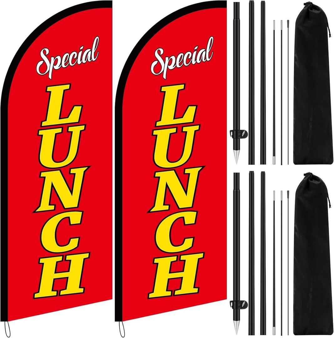 2 Pcs 7ft Lunch Special Restaurant Advertising Feather Banner with Flag Pole Kit Advertising Banner Sign for Store Fronts, Cafes, Retailers, Shops, Food Trucks, Events, Fairs, Restaurants