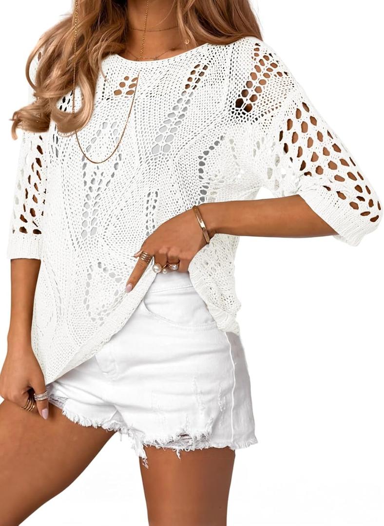 EVALESS Beach Vacation Clothes for Women Spring Summer Short Sleeve Sweaters Crochet Knit Tops Work Outfits Pullover Shirts Resort Wear Trendy 2025 Cover Ups for Swimwear White Top, Medium