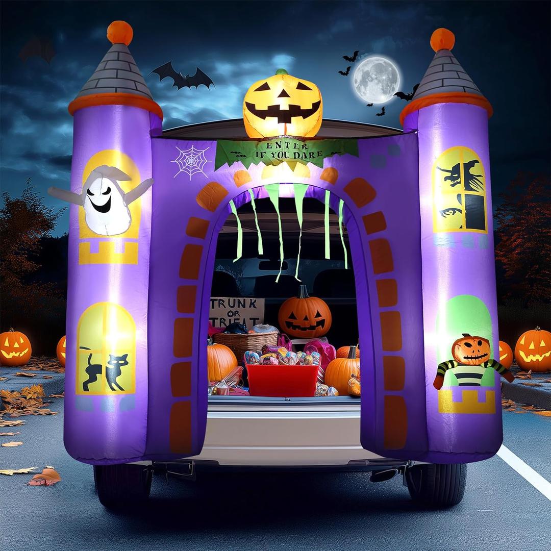 ZPISF 6 FT Halloween Inflatables Outdoor Decorations, Trunk or Treat Car Decorations, Blow Ups Haunted Castle with Built-in LEDs for Halloween Decor