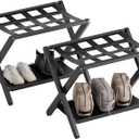 HITNET Luggage Rack for Guest Room, Pack of 2, Suitcase Stand Folding Bedroom, Bamboo Hotel Luggage Holder with Fabric Storage Shelf and Nylon Straps, Black