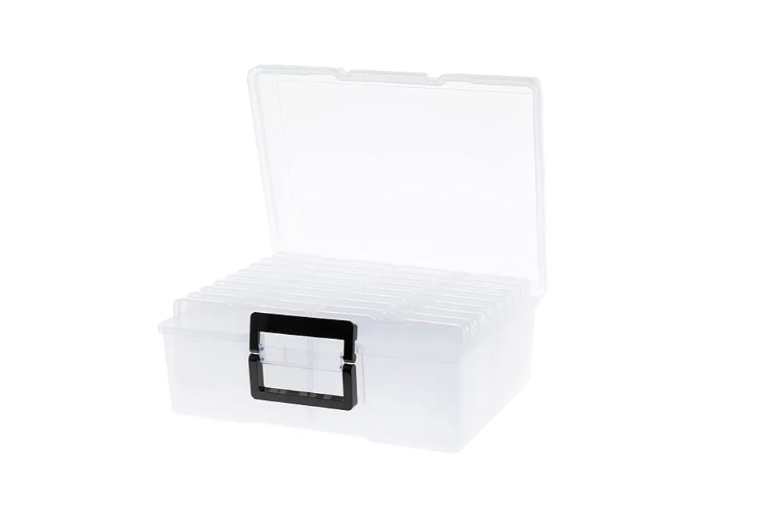 Photo Storage Box 5" x 7", 18 Inner Extra Large Photo Organizer Container, Plastic Craft Storage Box with Handle for Pictures Stickers Stamps Seeds